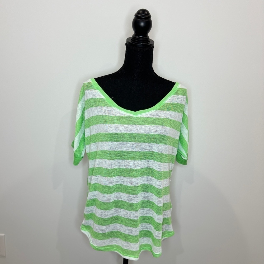 Abercrombie & Fitch Sheer Stripe Green and White Oversized V-Neck Top (M)
